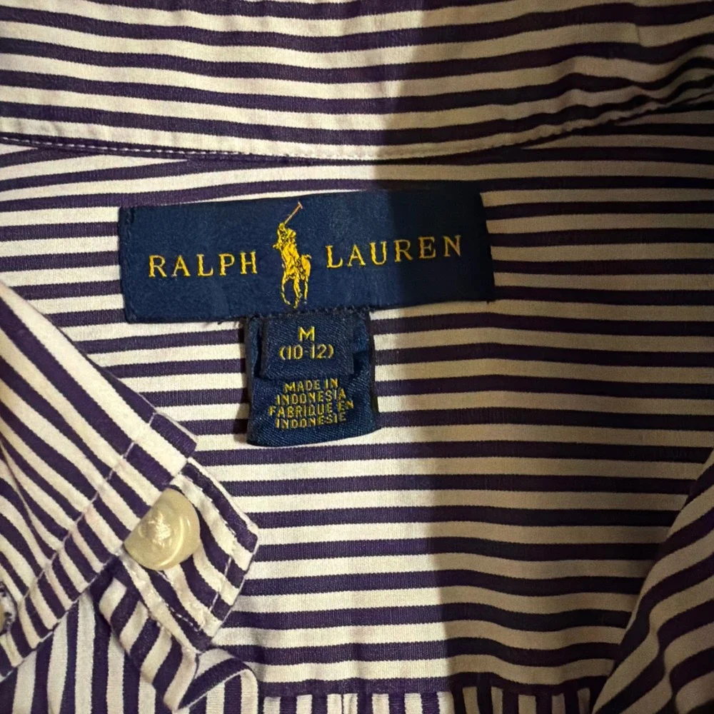 Ralph Lauren Kids Striped Button Down Shirt Navy White Size M 10-12 Cotton Pony